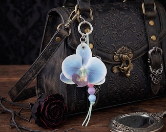 Handmade Realistic Orchid Flower Bag Charm, Gothic Style Keychain Accessory