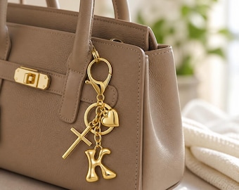 Personalized Letter Keychain, Heart Cross Bag Charm, Faith Gift