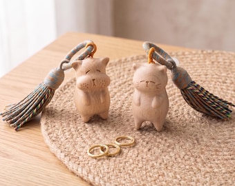 Hand Carved Wooden Cat Keychain, Chubby Kitten Bag Charm, Tassel Keyring, Boho Kawaii Accessory