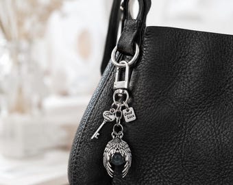 Gothic Angel Wing Cross Keychain, Silver Raven Claw Bag Charm, Punk Alt Emo Accessories
