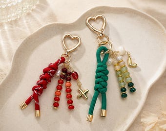 Hand-Knotted Macrame Bag Charm with Beaded Tassel, Boho Keychain Accessory