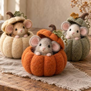 Nåltovad pumpamus, filtad mus i pumpafigur, söt höstdekoration med mus, tovat halloweendjur, present till henne
