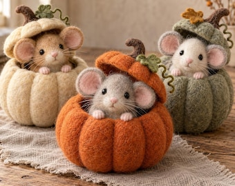 Souris citrouille en feutrine aiguilletée, figurine de souris en feutrine dans une citrouille, adorable décoration d'automne pour étagère, animal d'Halloween en feutrine, cadeau pour elle