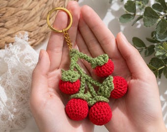 Handmade Crochet Cherry Keychain, Cotton Yarn Bag Charm, Cottagecore Pendant Accessory
