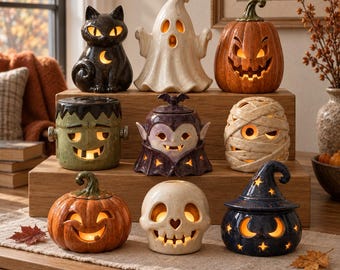 Ceramic Halloween Candle Holder, Spooky Pumpkin Ghost Wax Warmer, Light Up Black Cat Skull Statue, Vintage Halloween Decor Gift