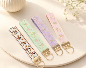 Handmade Floral Fabric Wristlet Keychains, Cottagecore Botanical Bag Accessory