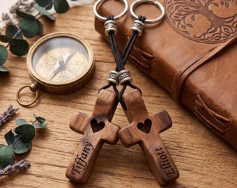 Personalized Wooden Cross Keychain: Custom Engraved Couple Keyring, Long Distance Gift