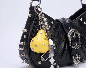 Punk Style Yellow Pear Bag Charm, Star Studded Gothic Keychain, Edgy Handbag Accessory
