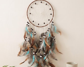 Boho Dream Catcher for Bedroom Wall Hanging Decor, Teal and Brown Feather Dreamcatcher, Native Home Accent, Spiritual Protection Gift