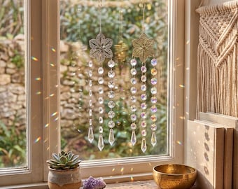 Crystal Suncatcher with Flower Accent, Rainbow Prism Window Decor