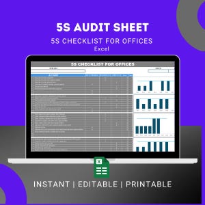 May include: A laptop displays a 5S Audit Sheet for offices. The screen shows a checklist with columns for activities and progress. The text "INSTANT | EDITABLE | PRINTABLE" is at the bottom, with an Excel icon.