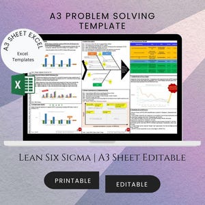 A3 Problem Solving Excel Template | Lean Six Sigma | A3 Sheet Editable