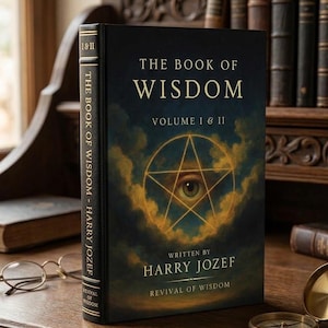 Op de afbeelding: Een hardcover boek getiteld "The Book of Wisdom, Volume I & II" door Harry Jozef. De omslag toont een gouden pentagram met een oog, tegen een bewolkte achtergrond. Het boek ligt op een houten oppervlak met andere boeken en een kompas.