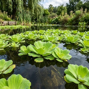 May include: A serene pond scene filled with vibrant green water lettuce plants. The plants float on the dark water, reflecting the surrounding trees and sky. The image captures a natural, tranquil environment.