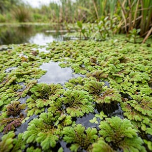May include: A close-up view of a body of water covered in a dense layer of green aquatic plants. The plants have small, rounded leaves and a slightly reddish hue in some areas. Reeds and other vegetation are visible in the background.