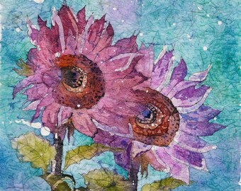Pink Sunflowers Watercolor Batik Painting, Fine Art, Wall Decor