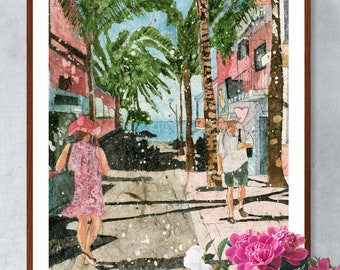 Watercolor Batik Sayulita Downtown, Mexico, Fine Art, Beach Art,