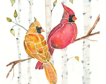 Watercolor Cardinals Sitting Amidst The Birches, Prints, Woodland Paintings
