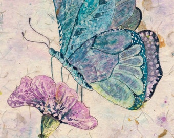 Blue Butterfly Watercolor Batik Painting, Fine Art,