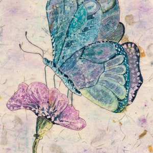 Blue Butterfly Watercolor Batik Painting, Fine Art, image 1