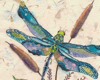 Dragonfly with Cattails Watercolor Batik Painting, Dragonfly Lover's Gift ,Fine Art