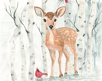 Fawn Watercolor Painting: Woodland Animal Art Print, Nursery Decor