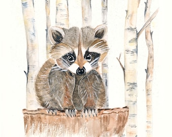 RaccoonWatercolor, Fine Art, Whimsical Illustration, Woodland art