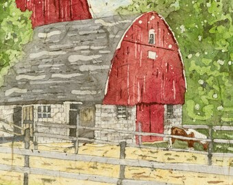 Watercolor Batik Red Barn and Pony,