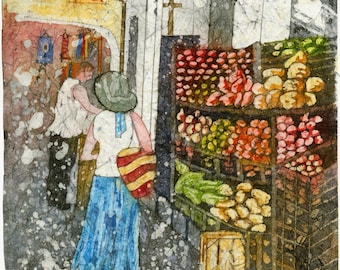 Watercolor Batik Painting: Farmers Market Vegetable Art Print