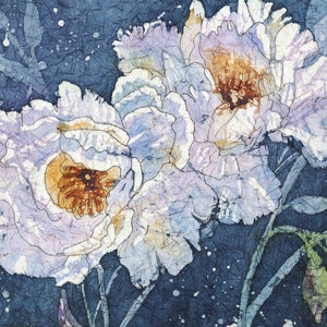 White Peonies Watercolor Batik Painting, Fine Art