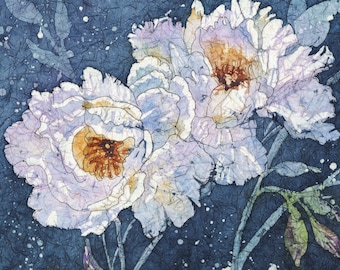White Peonies Watercolor Batik Painting, Fine Art