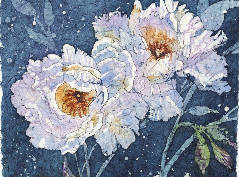 White Peonies Watercolor Batik Painting, Fine Art image 1