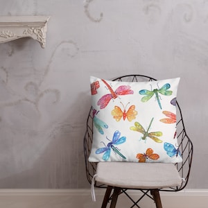 Dragonfly and Butterfly Premium Watercolor Art Pillow