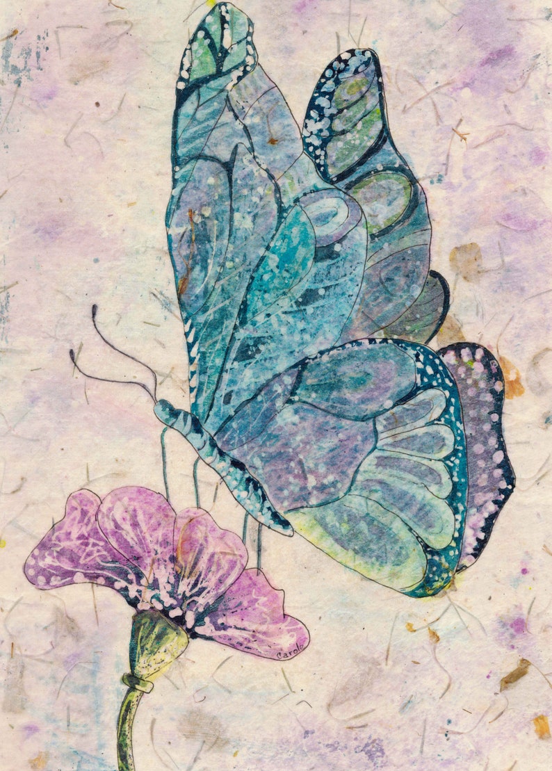 Blue Butterfly Watercolor Batik Painting, Fine Art, image 1
