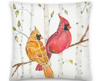 Watercolor Cardinals Premium Pillow, Birch Tree Art