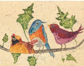 Three Birds on Branch Watercolor Batik, Fine Art