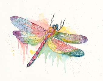 Dragonfly Colorful Watercolor Fine Art, Insect Art, Nature Prints, Kids Room Decor