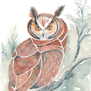 Watercolor Owl Sitting on a Branch, Fine Art, Gift for the Holidays