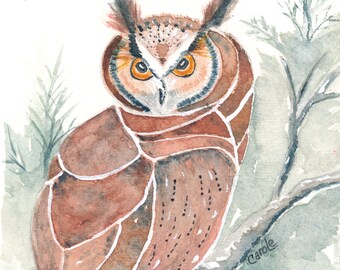 Watercolor Owl Sitting on a Branch, Fine Art, Gift for the Holidays