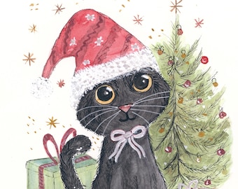 Christmas Black Kitty Cat, Watercolor Prints, Original Watercolor Art
