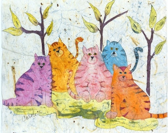 Metal Five Cat Painting ready to hang on wall. Cat Art,  Watercolor Batik Cats,