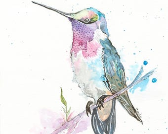 Watercolor Hummingbird Painting, Fine Art, Colorful Bird Art,