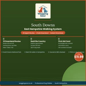 Puede incluir: Un gráfico verde y naranja con el logotipo "Wagging Soul" y el texto "South Downs". Promociona el sistema de senderismo de East Hampshire, con 10 rutas de expertos, Red Kite Country y una tarjeta de primeros auxilios.