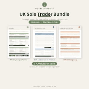May include: A digital bundle of three planners for self-employed individuals, featuring a Monthly Budget Planner, Self-Assessment Tax Tracker, and HMRC Mileage Log. The documents use pastel colours and include text labels for UK Life Organised and Sole Trader Bundle.