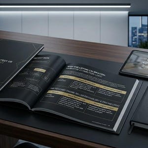 May include: A professional workspace featuring a black notebook, a tablet displaying a floor plan, and a pen. Open book with text "REALTOR STRATEGY 08" and "SOCIAL MEDIA SET". The items are on a dark desk.