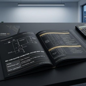 May include: An open book with the title "ELECTRICAL CODE OS | NEURAL PROTOCOL V3.0" and a calculator and multimeter on a black surface. The book's pages display diagrams and data tables. The calculator and multimeter are black and gray.