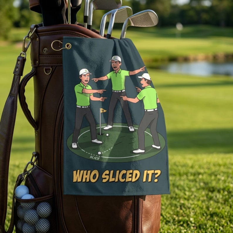 May include: A dark gray golf towel hanging from a brown leather golf bag. The towel features a graphic of three golfers in lime green shirts and gray pants pointing at each other on a green, with the text "WHO SLICED IT?" printed in yellow.
