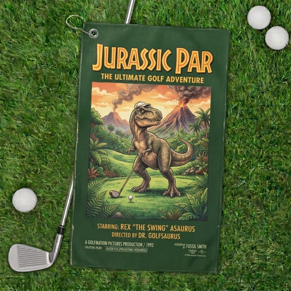 Serviette de golf dinosaure Jurassic Par, accessoire de sac en microfibre, cadeau personnalisé pour lui, tournoi amusant