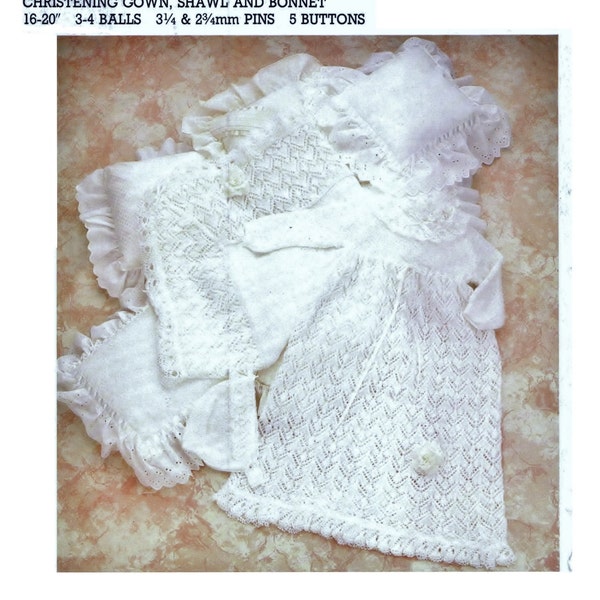 Baby Layette - Christening Gown / Dress Shawl and Bootees 16 - 20 ins in 2 ply - PDF of Vintage Knitting Patterns