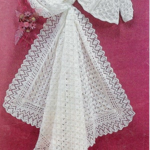 Baby Matinee Jacket and Christening Shawl,   instructions for  3ply and 4ply  yarn for sizes 17 - 19 ins - PDF of Vintage Knitting Pattern